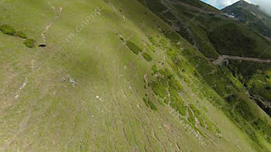 Aerial POV footage of flight over green field and hills. Forests, mountains and green hillsides. View of nature. FPV