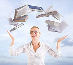 Woman with flying books
