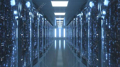 Blue color symbols in Matrix style on server racks