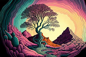 Fantasy colorful landscape with desert and mountains created with generative Ai techonology