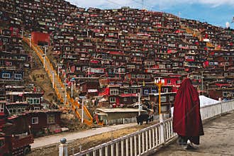 A lama walking in the Larung Gar Buddhist Academy