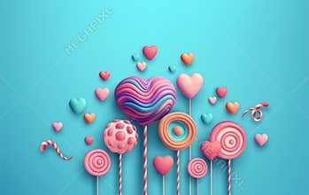 Happy Valentines Day greeting with candy, sweets, heart shaped lollipops. 3d realistic scene. Web Site Design, Landing