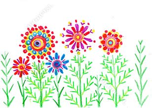 Child drawing of beautiful flowers in nature