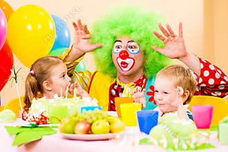 Happy children with clown on birthday party