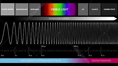 Graphic Animation Light Diagram with Invisible Visible Light Spectrum. Infrared, Ultraviolet, Microwaves, X-rays, Gamma
