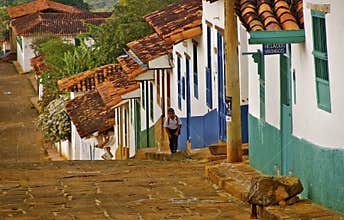 Steep cobbled street, rural Colombia