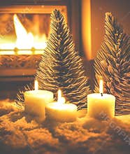 Candles burning near fir trees and fireplace