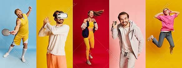 Sport and fitness. Collage made of portraits of happy young diverse people go in for sports over multicolored