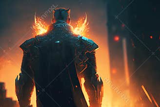 Superhero businessman looking at city skyline at sunset. Illustration Generative AI