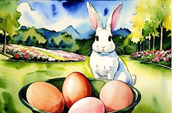 Watercolor painting Easter bunny, Eggs, Landscape. Easter theme Design. Happy Easter AI Generated