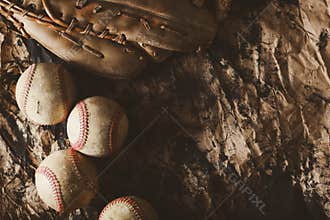 Old vintage style baseball equipment on texture grunge background