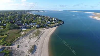 Aerial Over Sea Wall and Quaint Coast at Chatham, Cape Cod