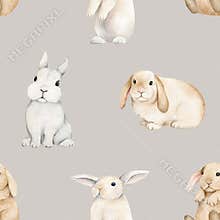 Cute Bunny seamless pattern. Hand drawn watercolor animals illustration for fabric, Rabbits wrapping paper on beige