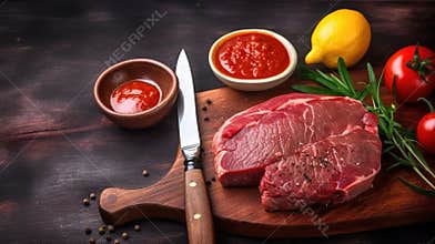 Raw beef steak with vegetables. Horizontal view of red meat on wooden cutting board.