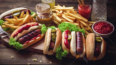 Hot Dogs Hamburgers And French Fries Composition Of Fast Food Snacks Placed On Rusty Wooden Table