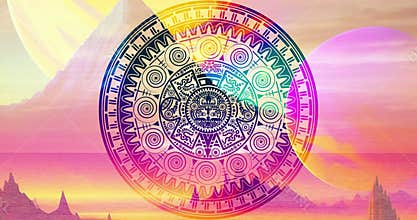 Colorful Sacred Aztec wheel calendar Mayan sun god moving. Video Maya symbols old ethnic mask, mexican landscape