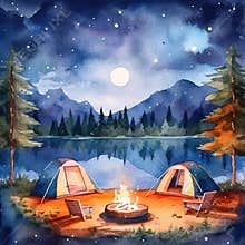 Watercolor Camping with tent and bonfire