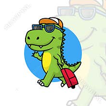 cute dinosaur wearing glasses with travel bag cartoon design