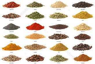 Different spices isolated on white background.