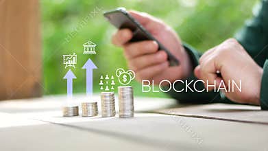 Blockcain technology icons. CBDC, money, global process.Coins. Blockchain technology concept