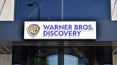 Warsaw, Poland. 21 May 2021. Sign Warner Bros. Discovery. Company signboard Warner Bros. Discovery