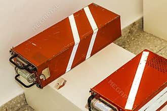 Close up shot of black boxes from the airplane. Aviation