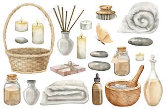 Spa set with bottles, towel, mortar and pestle. Hand drawn watercolor illustrations on isolated background for clipart