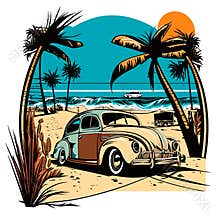 Holliday road trip by vehicle. Silhouettes of palm trees with the setting sun in the background. cartoon vector illustration,