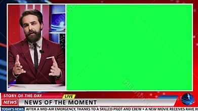 Journalist gives news with greenscreen