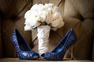 Blue Wedding Shoes white rose bouquet