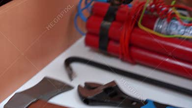 Dog paw picks up toy bomb from table. Set for hacking, explosion ax, crowbar