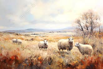 Beautiful painting of sheep standing in the middle of the meadow. Farm animals. Illustration, Generative AI