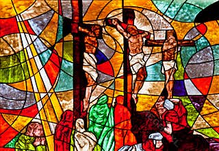 Stained glass showing Jesus crucifixion