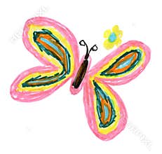 Cute rainbow butterfly with flower in naive babys drawing style