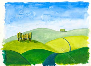 Tuscan hills original watercolour painting rolling
