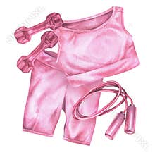 Fitness clothing for women. Watercolor illustration of pink sports wear. Hand drawn clip art on white isolated