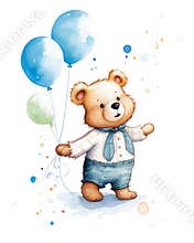 A chil teddy bear is delighted and cheerful, standing and holdin
