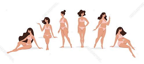 Beautiful girls models in swimsuits stand and sit in different poses, a set of characters of a woman in lingerie for a