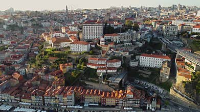 The Old City Of Porto In Portugal, Europe, 4K Aerial Skyline Drone View, Sunset. 20 august 2023