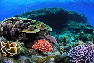 neon-hued coral polyps in heavily textured reef crevices