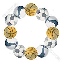 Hand drawn watercolor sports equipment, basketball volleyball soccer football, health fitness lifestyle. Illustration