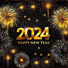 Happy New Year 2024 with various colors of fireworks.