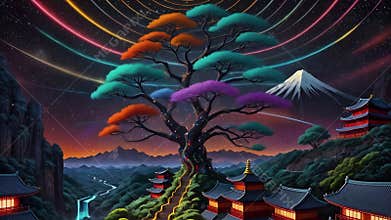 Psychedelic colorful animation with a huge tree. AI generated cinematic video