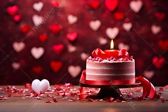 ?ake on the background of Valentine's Day, with volumetric hearts, with copy space, in red color.