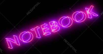 Neon-colored notebook word text animation with a glowing neon-colored moving outline on a dark background in 4k.