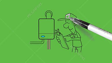 draw young man wear cap hold paper board with clip in right hand and write with pen stand near-by electric meter