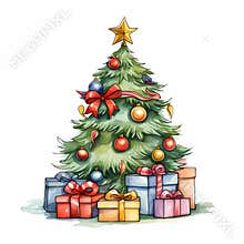 decorated christmas tree with star topper and colorful presents underneath