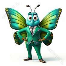 Quirky Green Suit Man Poses With Playful Butterfly Body