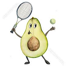 Hand drawn watercolor cute avocado character playing tennis with racquet and ball. Fitness health practice. Illustration