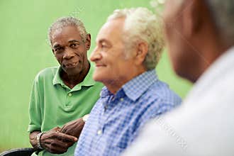 Group of old black and caucasian men talking in park